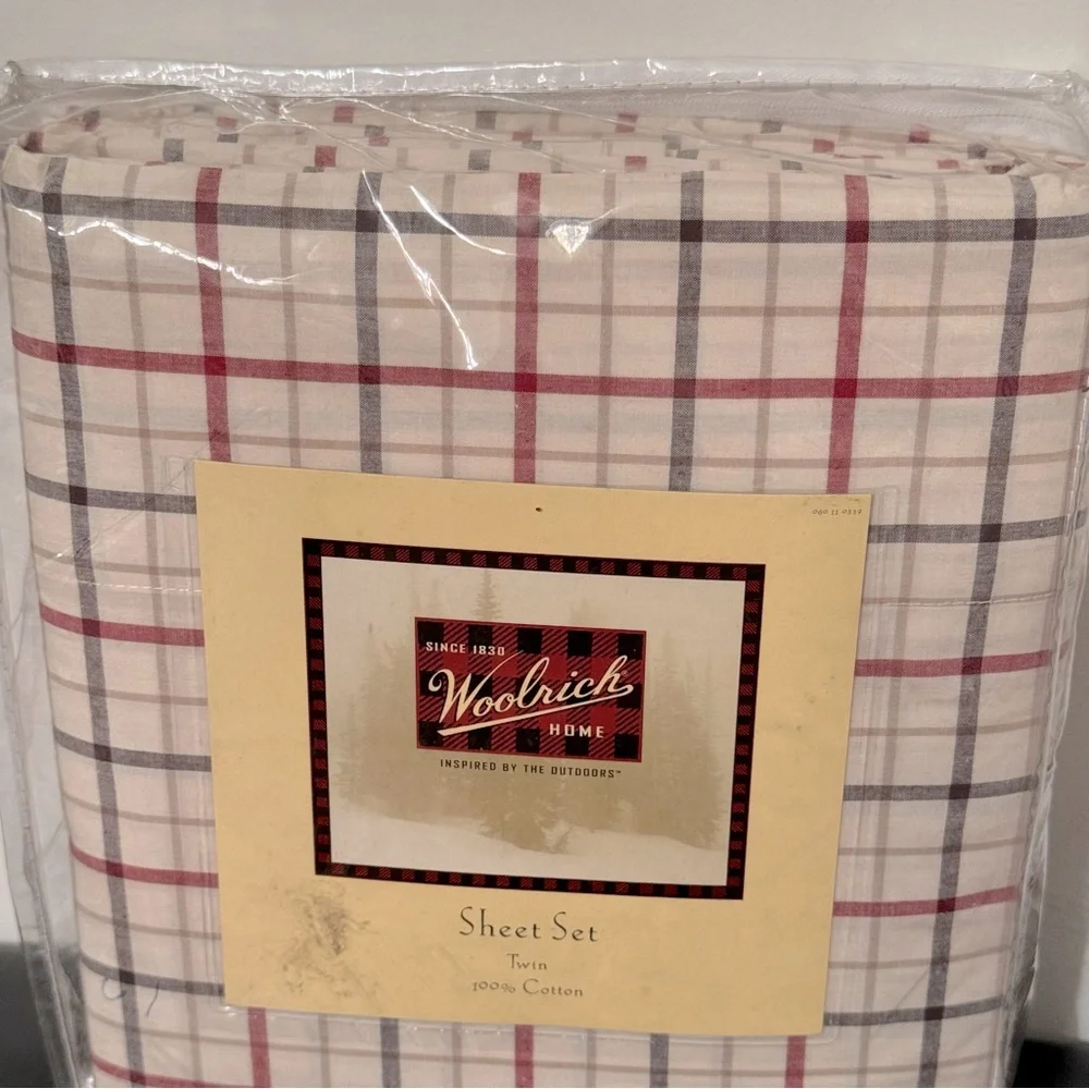 New| Woolrich Twin Size Sheet Set | Cotton Tan Red Black Plaid